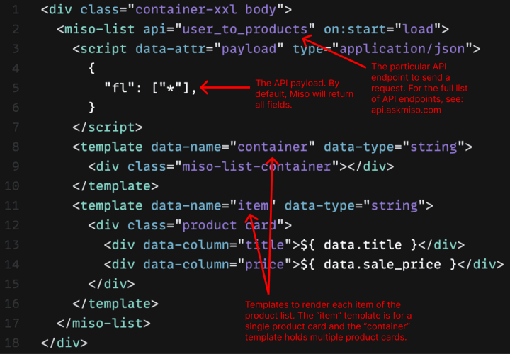 An example implementation of the custom miso-list HTML object, including a template for the product card within a recommendation product shelf